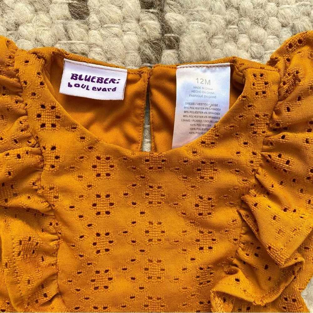 Blueberi Boulevard Eyelet Flutter Dress in Mustard, Size 12M